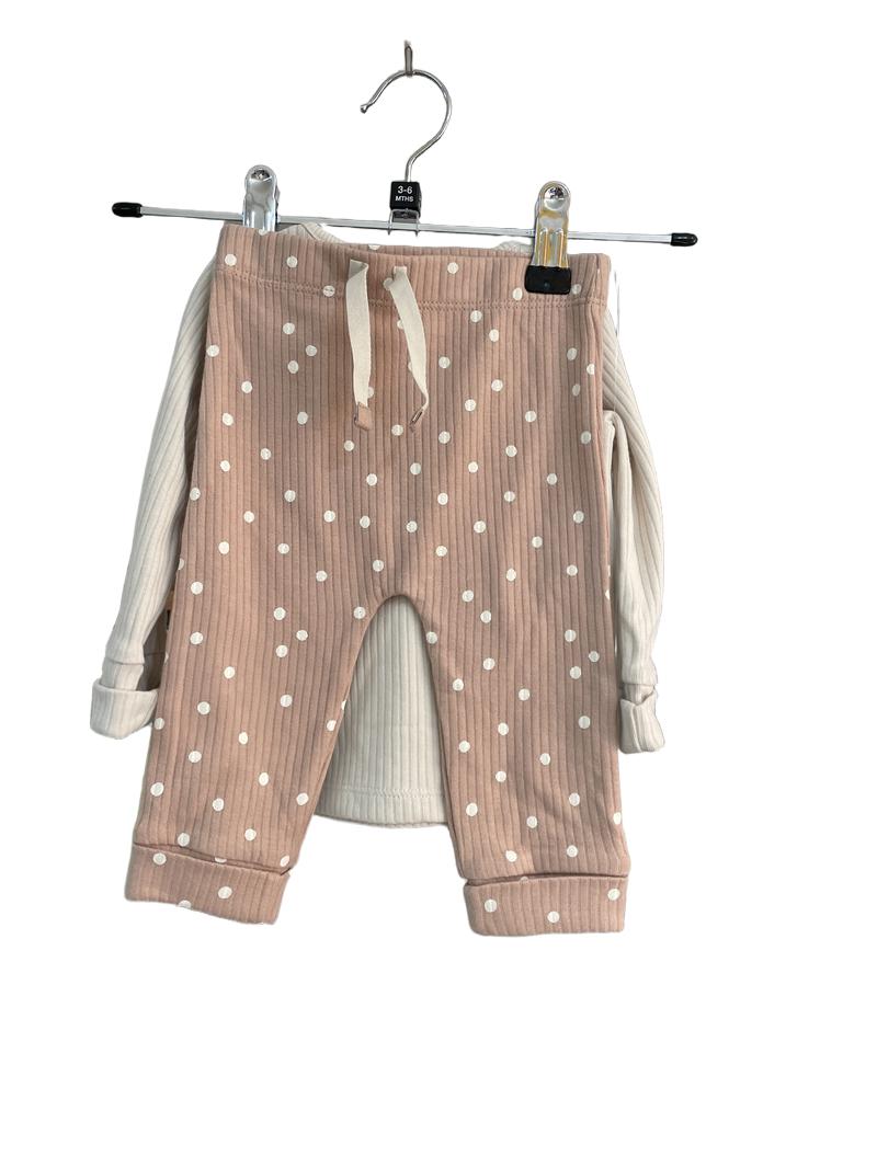 Preloved George - Cream/pink Lg Sleeve Shirt With Reindeer Pocket, Polka Dot Pants (3-6m)