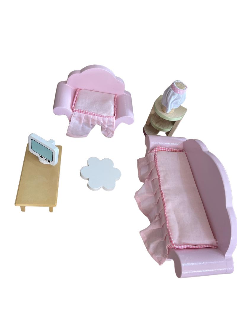 Preloved Toys - Wooden Dolls House Living Room Furniture. Pink. (Plastic Long Table) - Unknown Brand