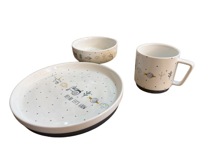 Preloved Lassig GmbH - Non-slip Dish Set Porcelain, Garden Explorer Snail (mug, Bowl, Plate)