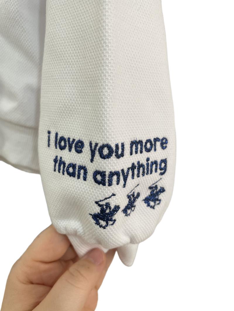 Preloved Beverly Hills Polo Club - White Shirt With Navy Scalloped Collar And I Love You More Than Anything Embroidered Sleeve Detail. (9-10y)