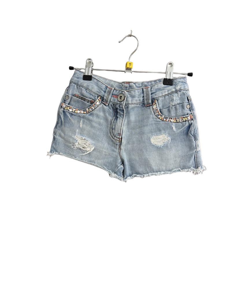 Preloved Next - Light Blue Jean Shorts, Distressed With Rhinestones And Embroidery (7-8y)