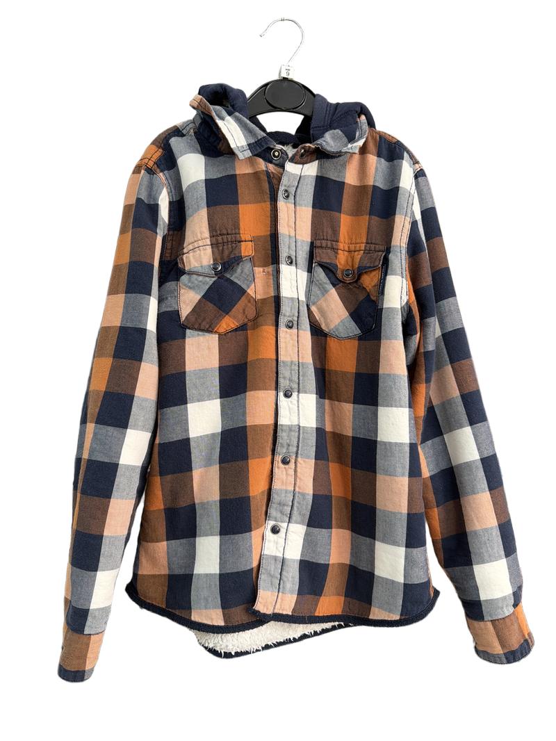 Preloved Polarn O. Pyret - Navy Orange White Buffalo Check Fleece-lined Long-sleeved Shirt (9-10y)