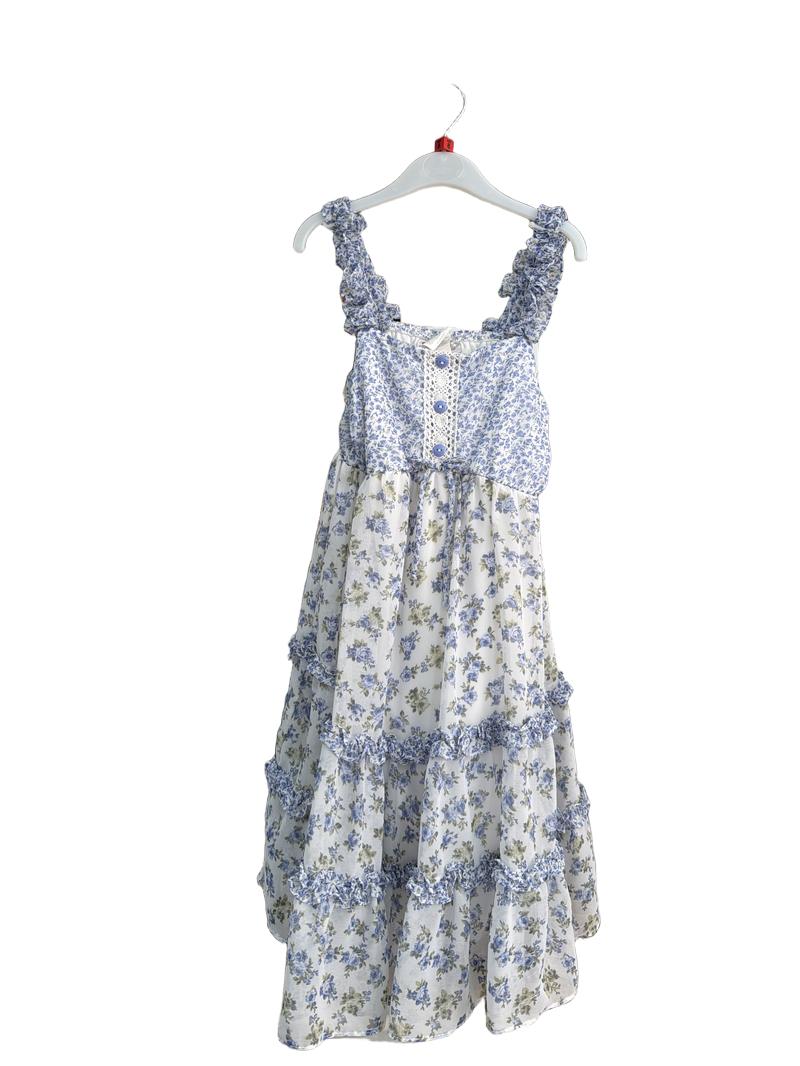 Preloved Jona Michelle - Blue White Green Floral Ruffle Sundress (8-9y)
