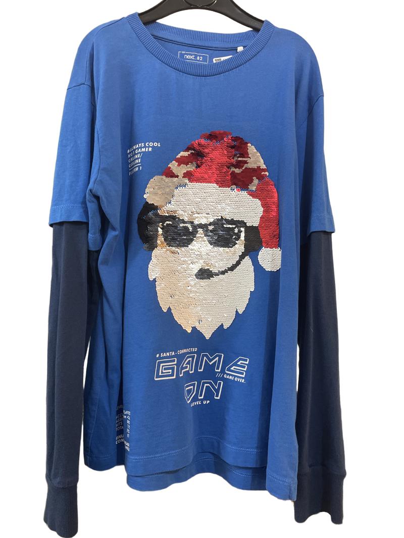 Preloved Next - Blue Santa Gamer Sequin Mock Sleeve Shirt (10-11y)