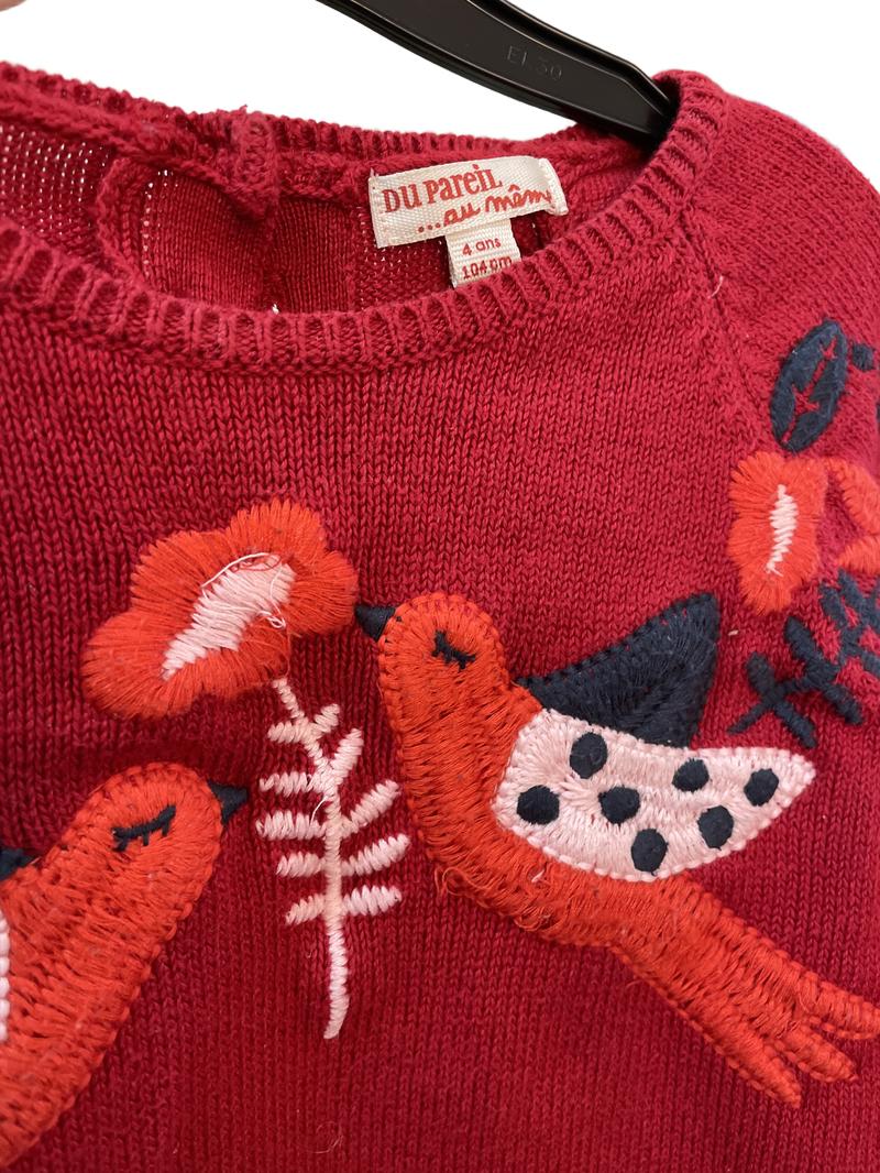 Preloved Du Pareil Au Meme (DPAM) - Red Knit Jumper With Robin Embroidery (4-5y)