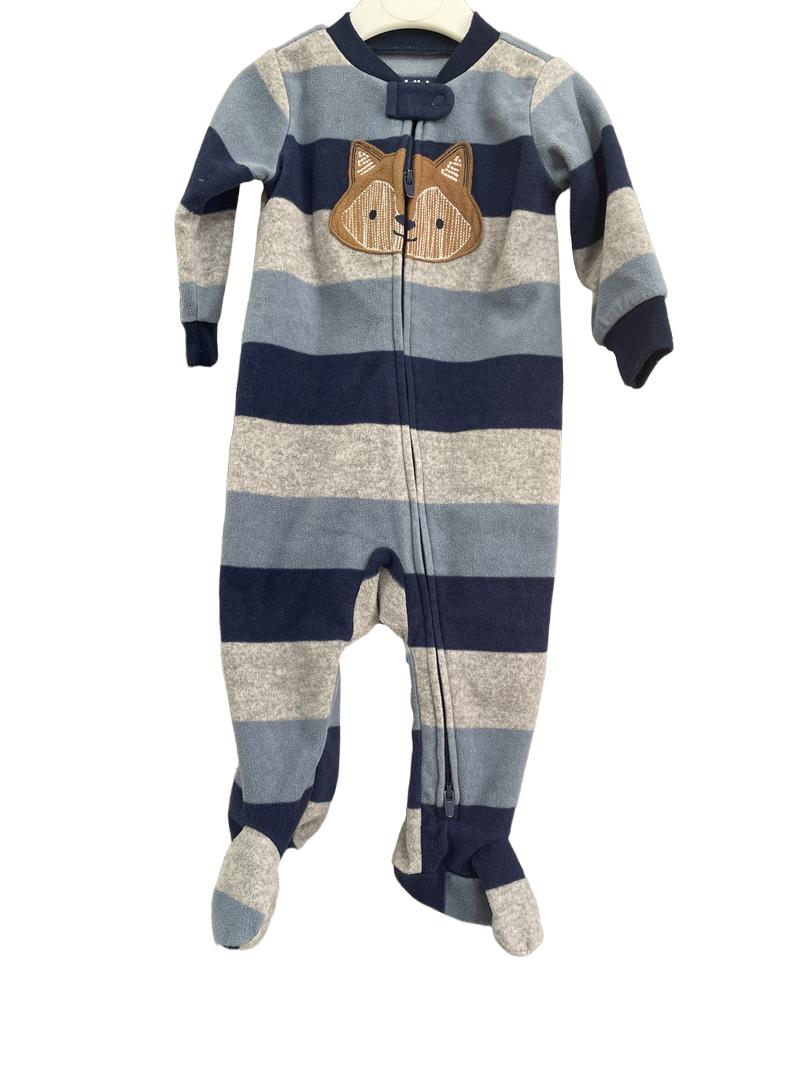 Preloved Carter's - Blue And Grey Stripe Fleece Sleepsuit With Fox Embroider. (3-6m)