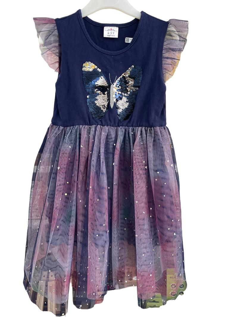 Preloved Unknown Brand - Navy Sequin Butterfly Tulle Sparkle Dress (4-5y)