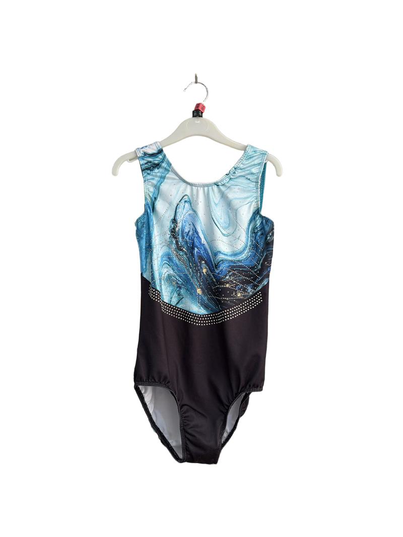 Preloved Unknown Brand - Teal Black Rhinestone Gymnastics Leotard (10-11y, 11-12y)