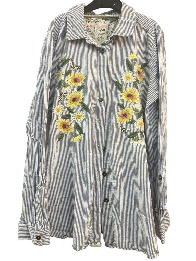 Preloved Mantaray - Blue White Stripe Floral Embroidery Long-sleeved Button Top (12-13y)