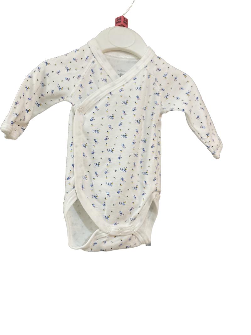 Preloved Petit Bateau - White Floral Print Long Sleeve Onesie (0-3m)
