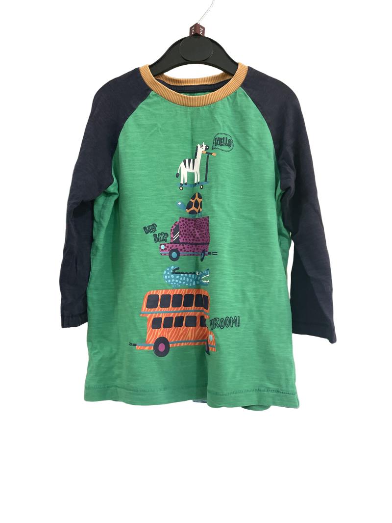Preloved Bluezoo - Green And Navy Long Sleeve Top With Animal And Vehicle Print. (2-3y)