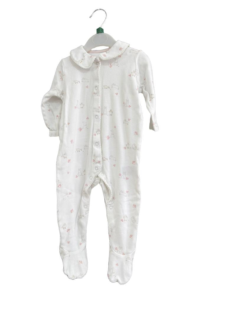 Preloved Mothercare - White Rabbit Print Long-sleeved Babygrow Sleepsuit With Feet (6-9m)