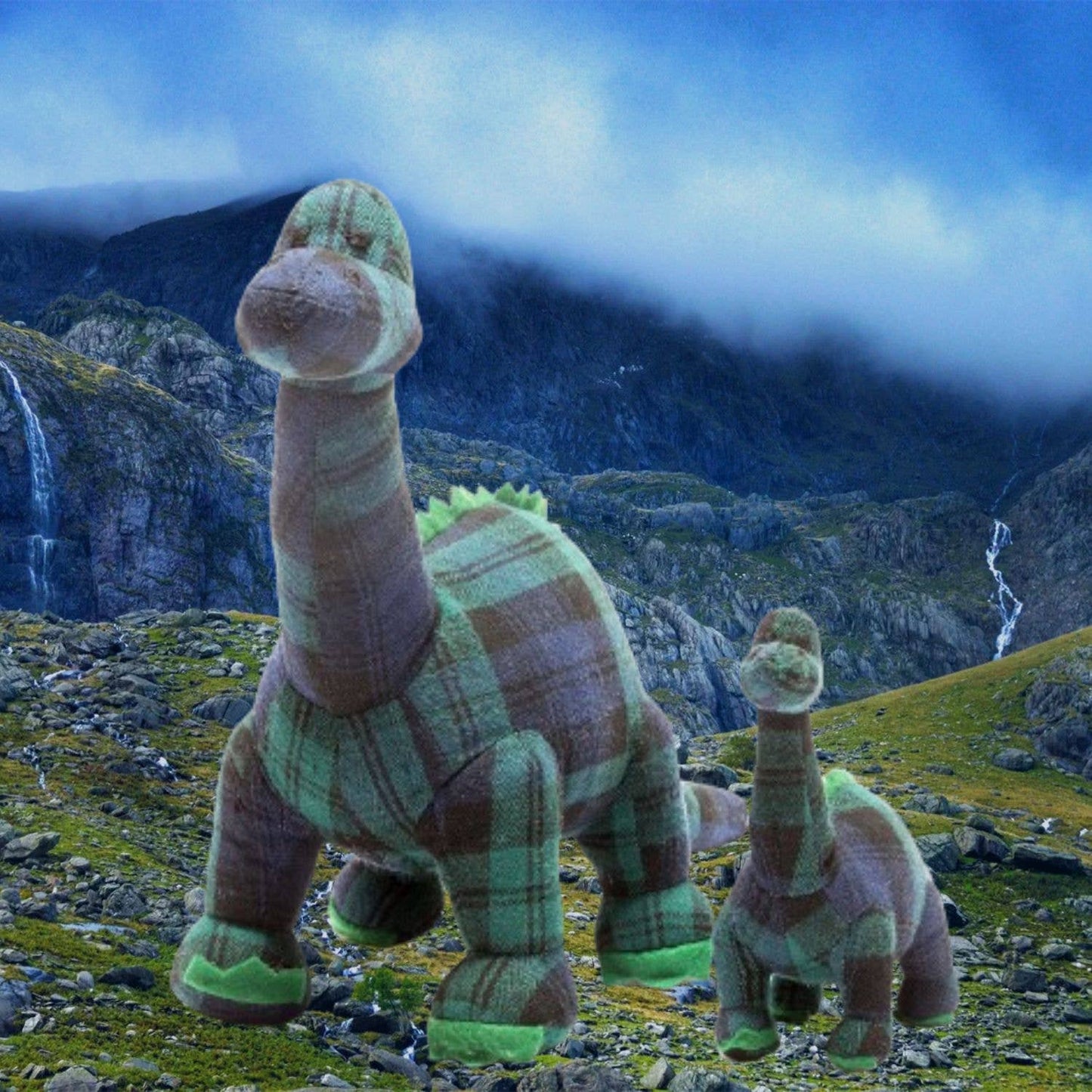 Dinosaur Teddy, Tartan Diplodocus Soft Toy Blue Green, Plaid