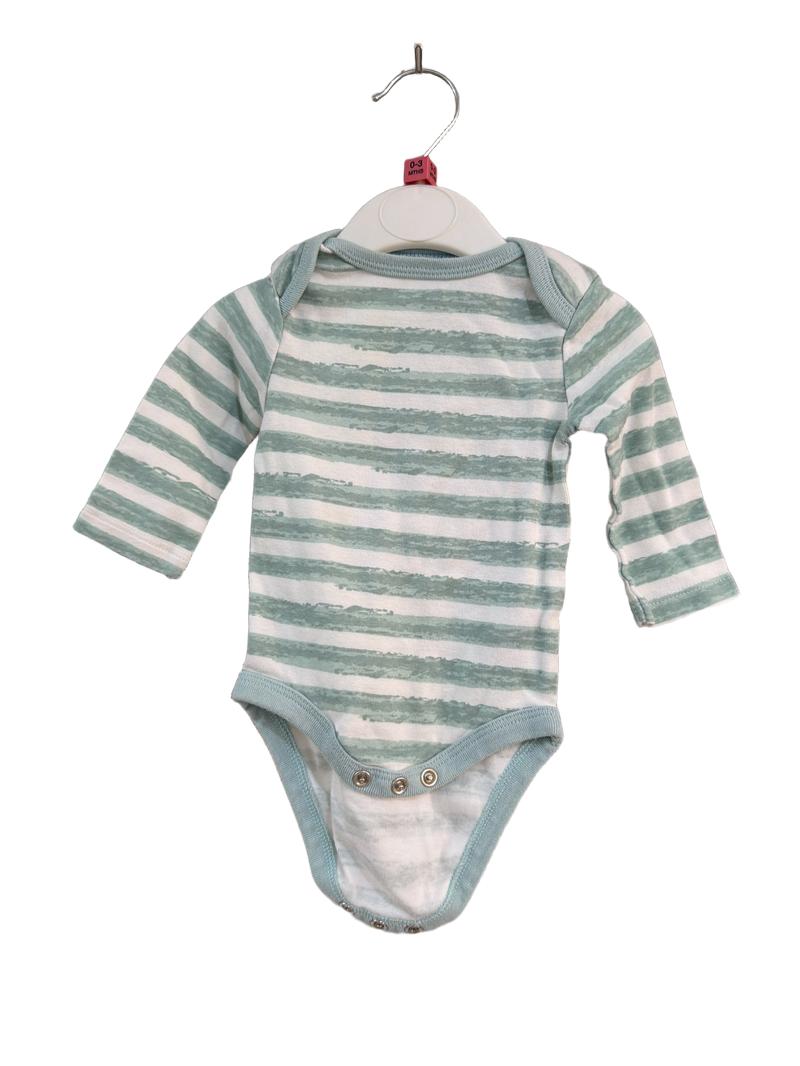 Preloved Cloud Island - Green White Stripe Long-sleeved Bodysuit (0-3m)