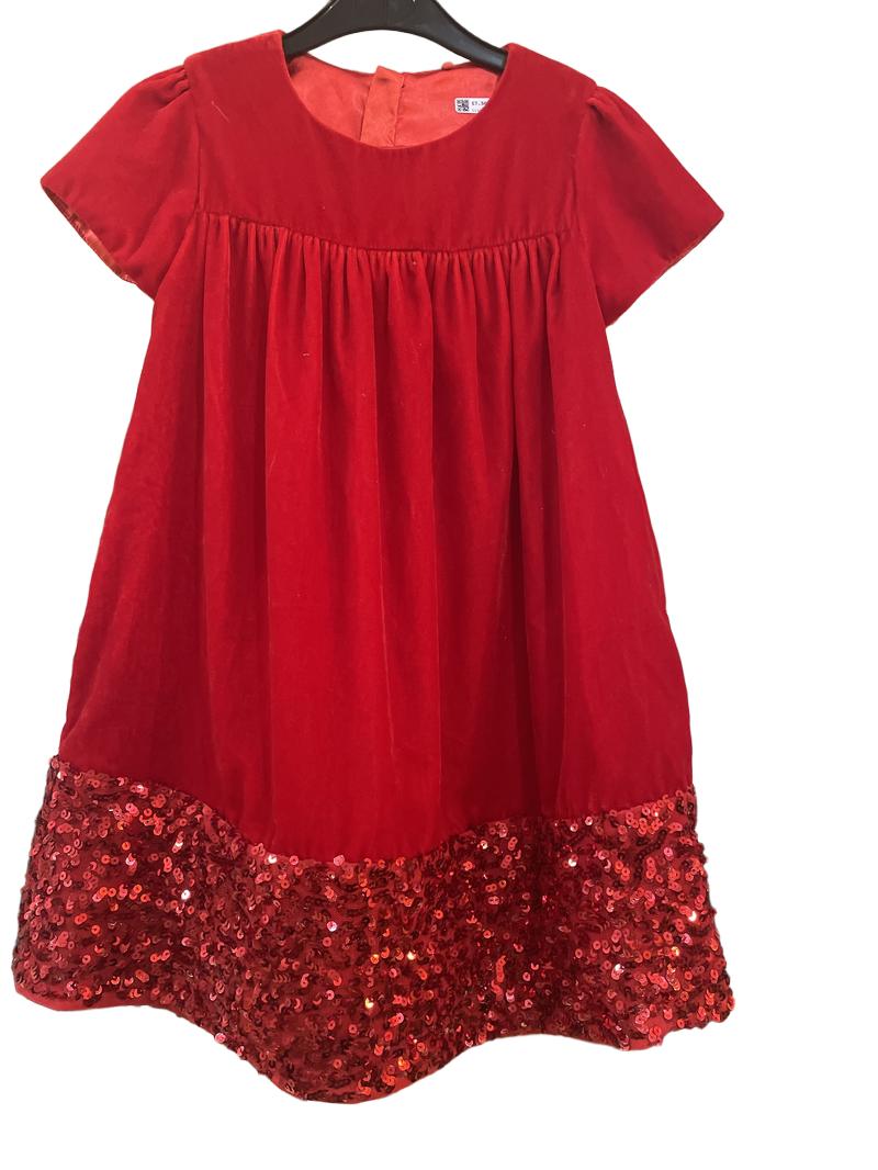 Preloved Marks and Spencer - Red Velvet Short Sleeve Dress With Sequin Hem (6-7y)