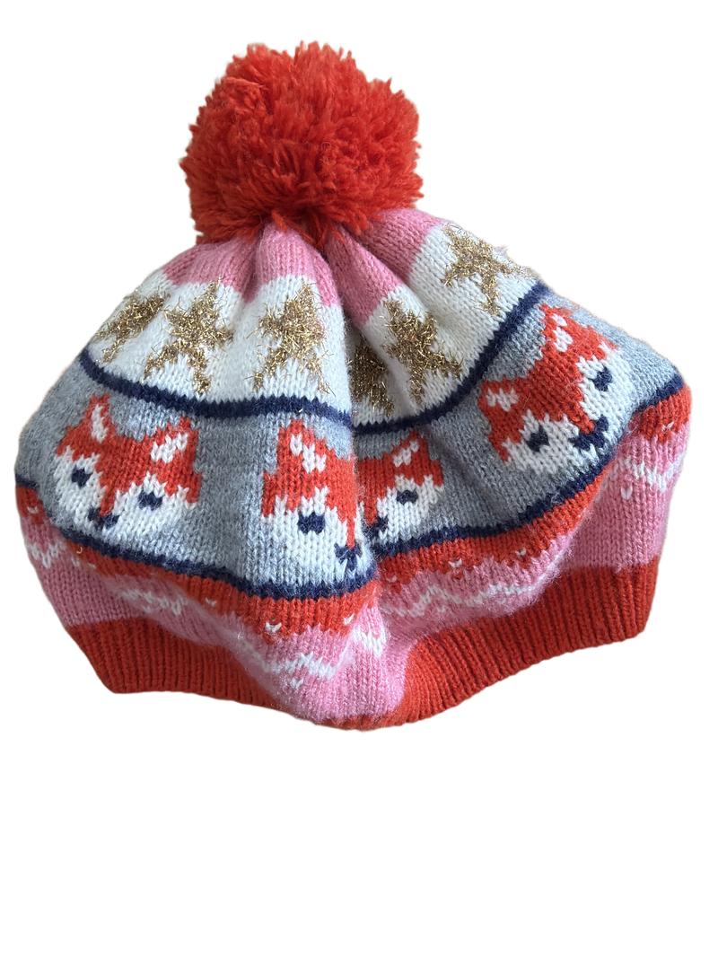 Preloved Mini Boden - Red White Pink Fox Knit Beanie, Size Small