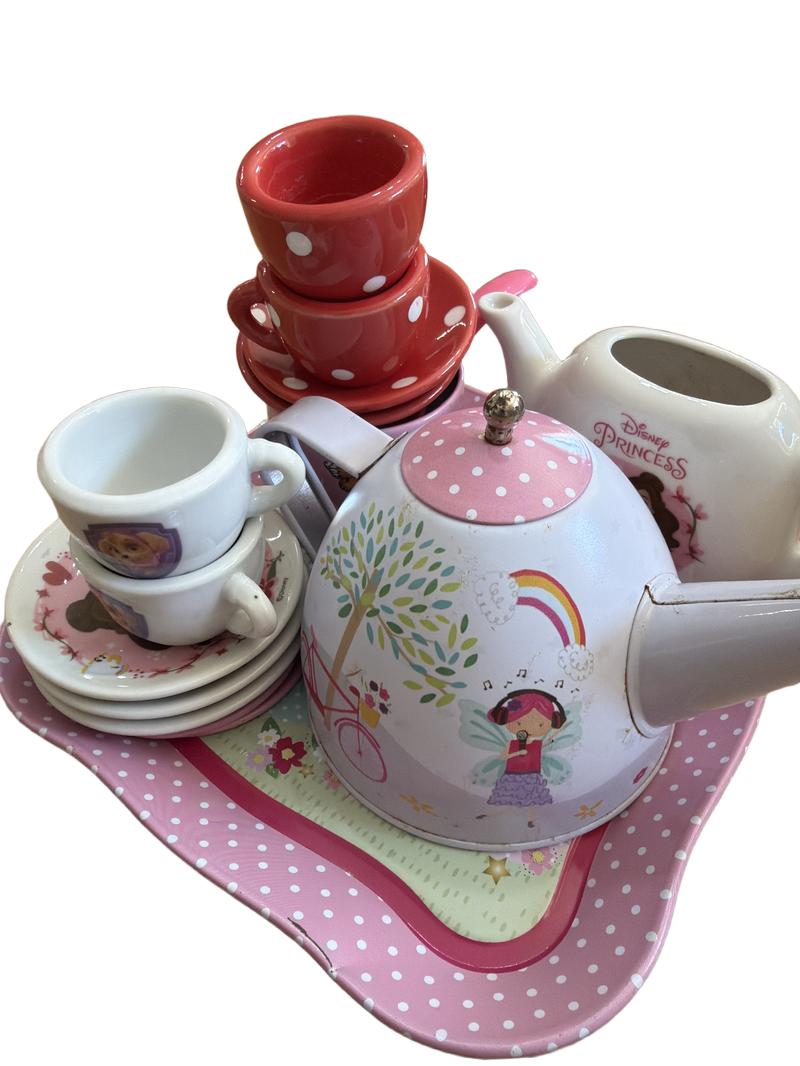 Preloved Toys - Porcelain And Metal Tea Set Bundle (Including Disney Princess, Paw Patrol, And Polka Dot Servingware) - Unknown Brand