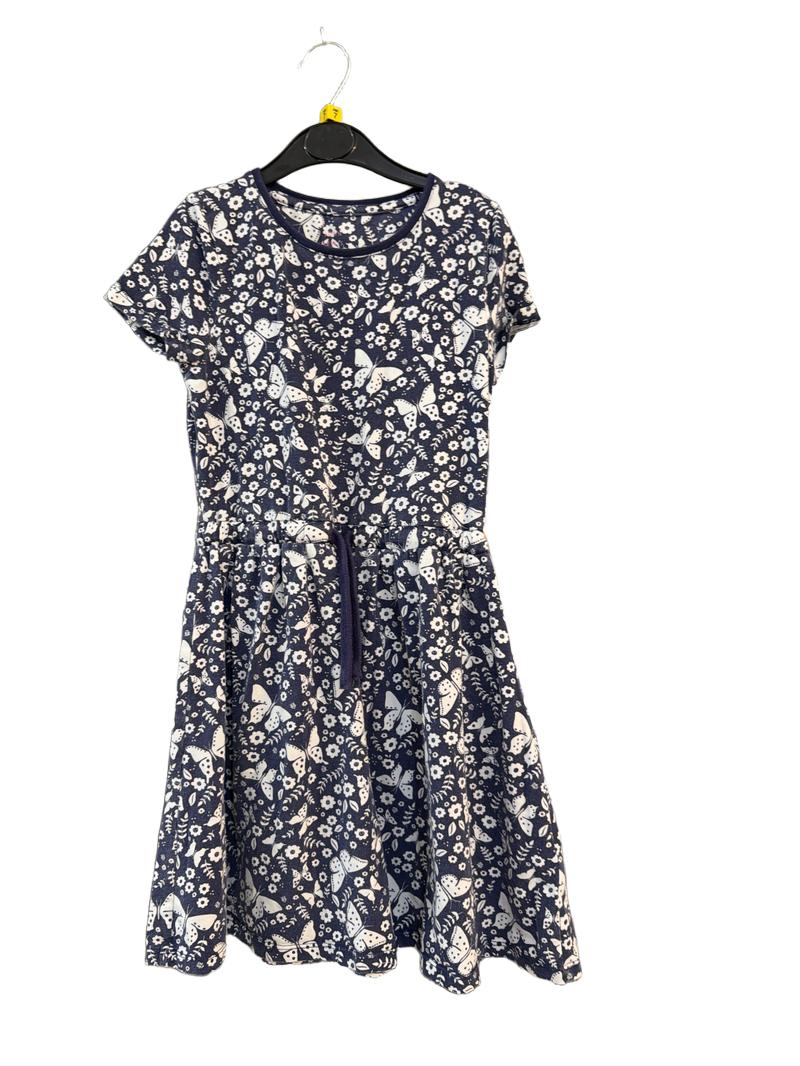 Preloved John Lewis - Navy Butterfly Print Short-sleeved Drawstring Waist Dress (7-8y)