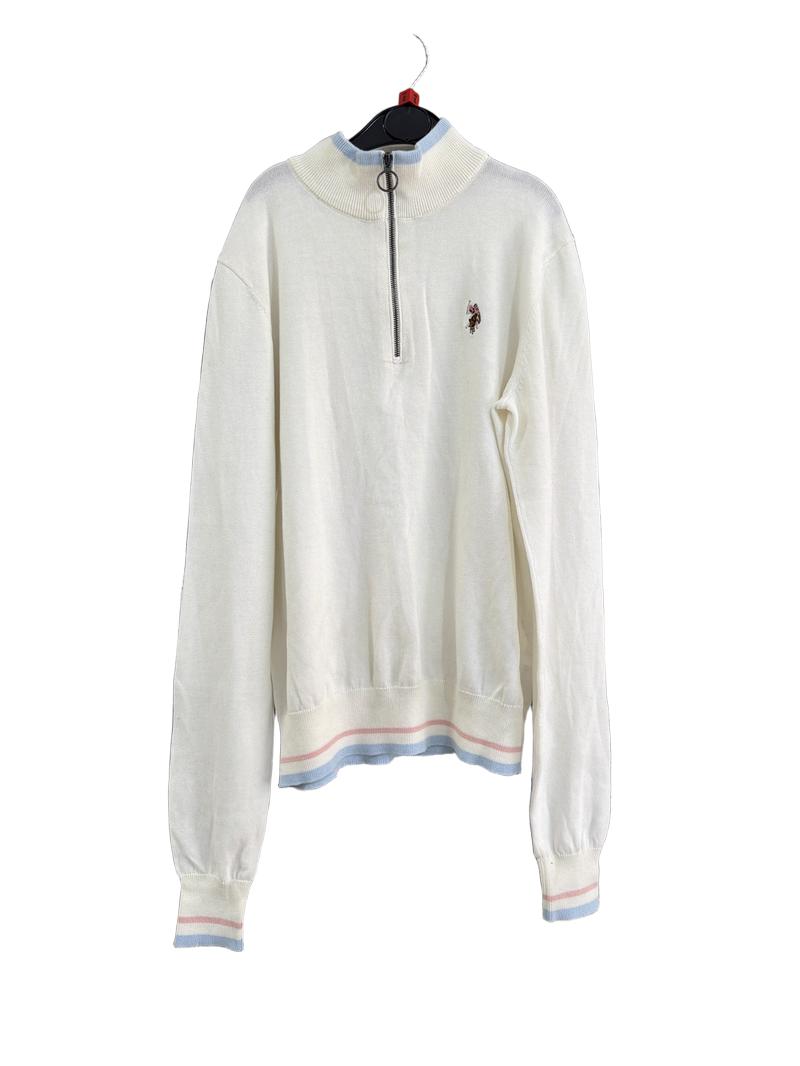 Preloved U.S. Polo Association - Quarter Zip Sweater, Blue And Pink Trim. (X Small, 8-9y)