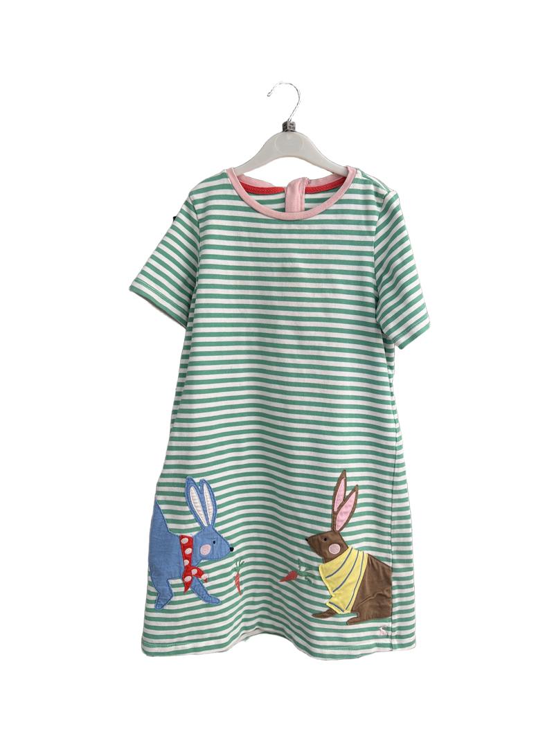 Preloved Joules - Green White Stripe Rabbit Appliqué Short-sleeved Dress (12-13y)