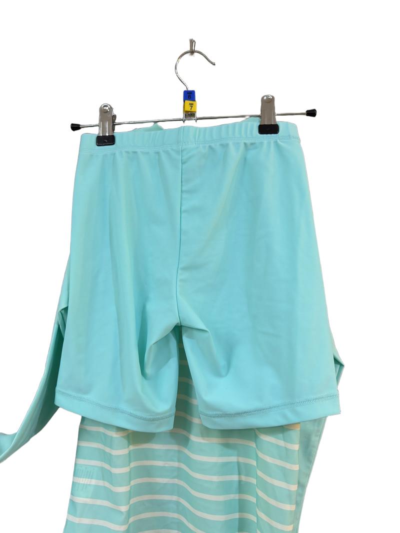 Preloved Polarn O. Pyret - Green Stripe Long-sleeved Rashie Sun Protection Top And Short Swimsuit (6-7y, 7-8y)