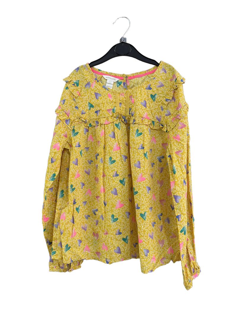 Preloved Monsoon - Thin Yellow Heart Pattern Long Sleeve Top. (12-13y)