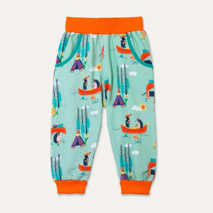 Ducky Zebra Organic Cotton Green Joggers with Pockets and Canoeing Dog and Hedgehog Print