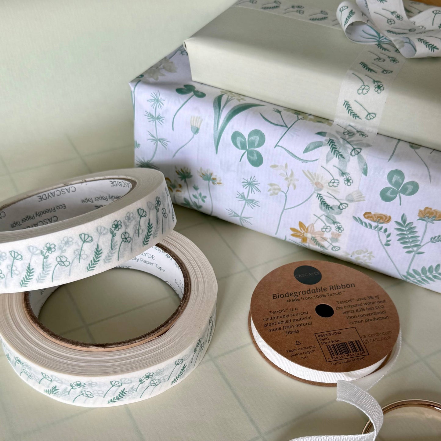 Green Floral Paper Tape 24mm - Eco Friendly Packing Tape