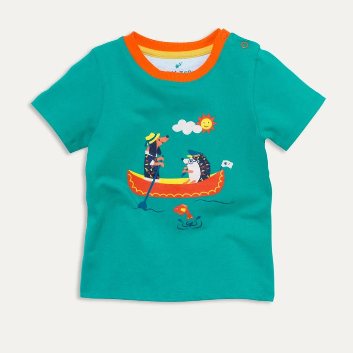 Ducky Zebra Organic Cotton Turquoise T-Shirt with Canoeing Dog and Hedgehog