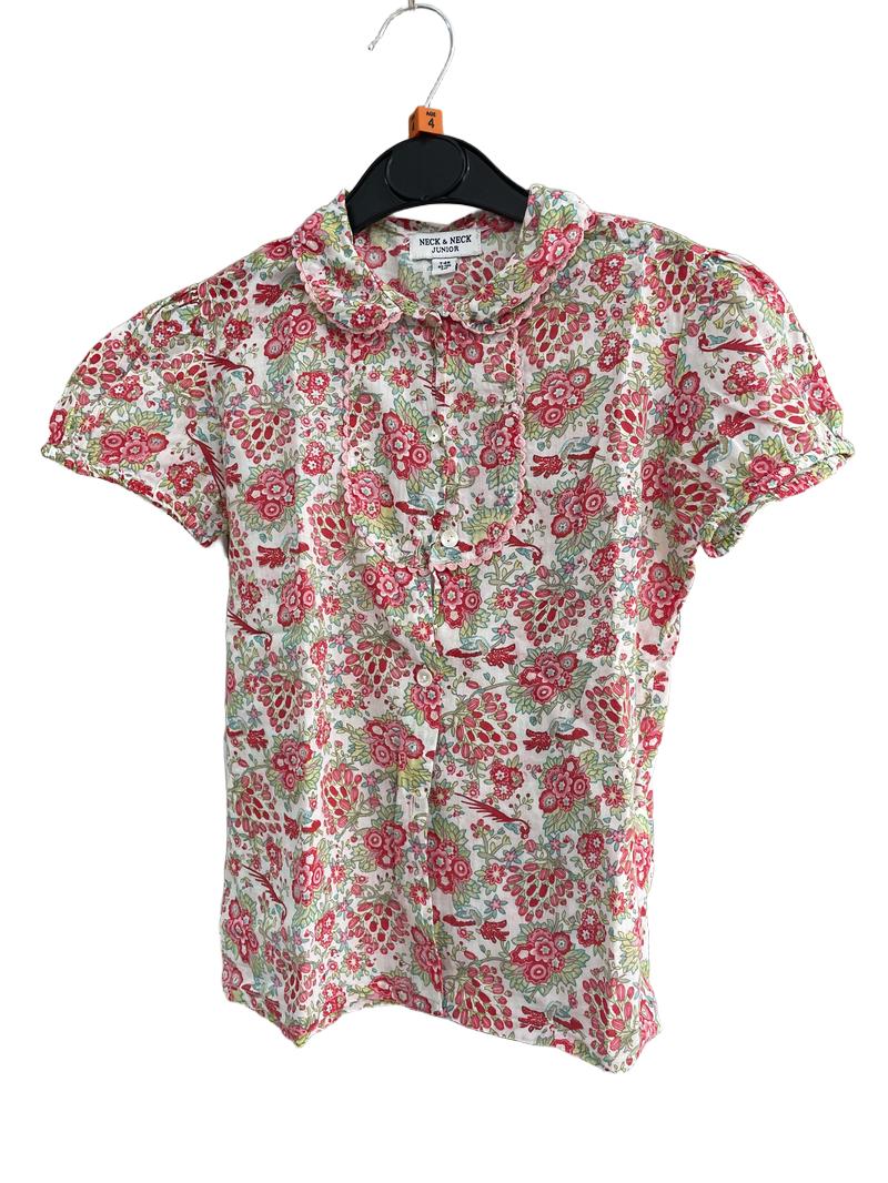 Preloved Neck & Neck - Red Floral Print Short-sleeved Blouse (4-5y)