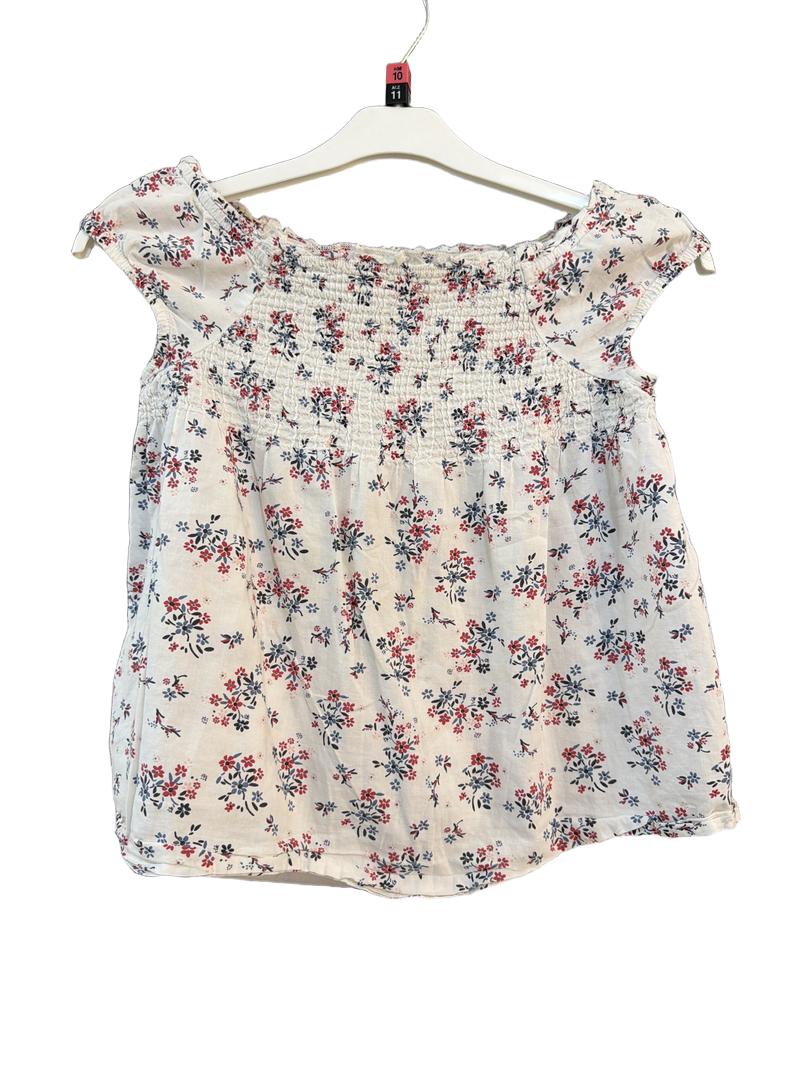 Preloved United Colors Of Benetton - White Blue Red Floral Print Smocked Short-sleeved Blouse (10-11y, 11-12y)