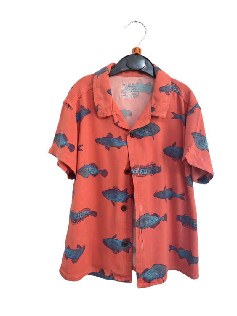 Preloved Target - Red Button Down Fish Print Collared Short-sleeved Shirt (4-5y)