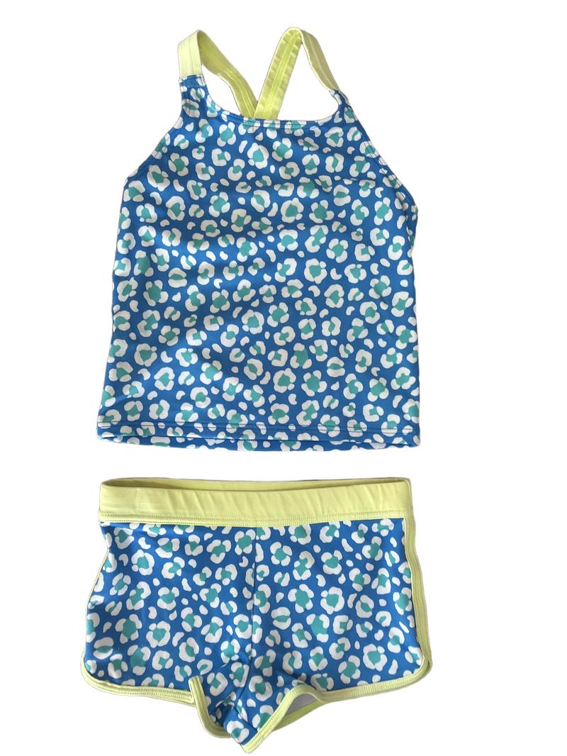 Preloved Boden - Blue Yellow Leopard Print Tankini With Swim Shorts (5-6y, 6-7y)