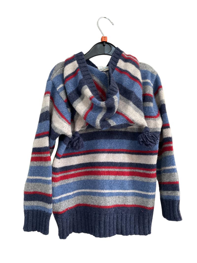 Preloved Jojo Maman Bebe - Blue Gray Red Striped Half Button Hoodie Jumper (4-5y)