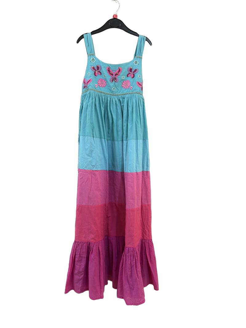 Preloved Monsoon - Turquoise Pink Tiered Maxi Sun Dress With Butterfly Embroidery (10-11y)