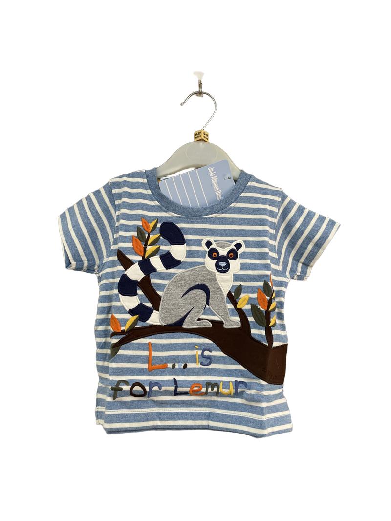 Preloved Jojo Maman Bebe - Blue White Stripe Lemur T Shirt, NEW With Tags (6-12m)