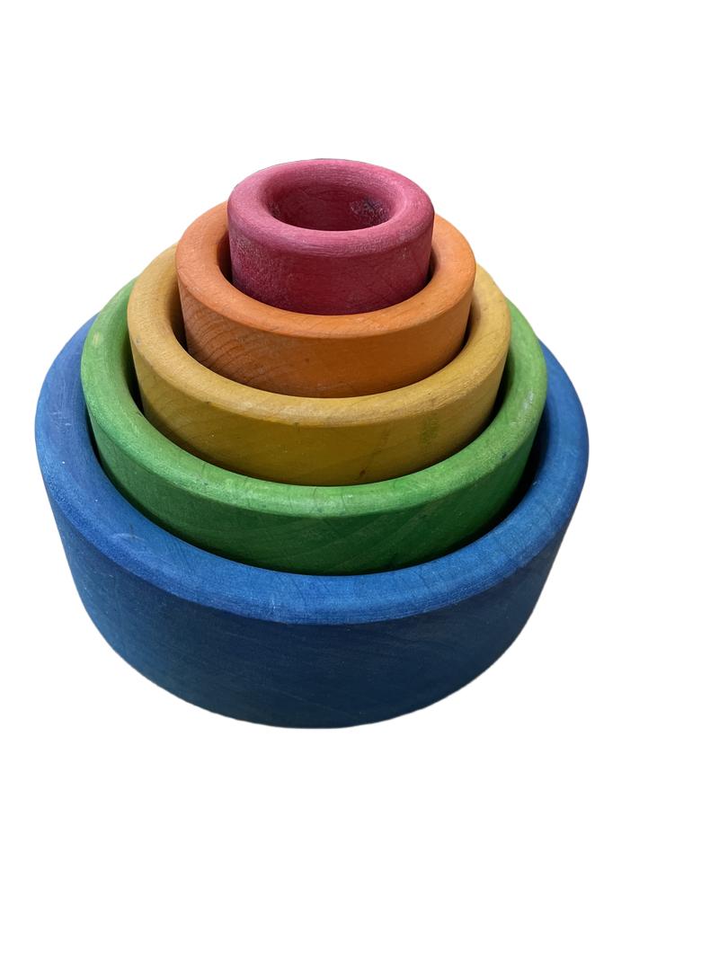 Preloved Rainbow Wooden Coloured Bowls Set - Grimm's