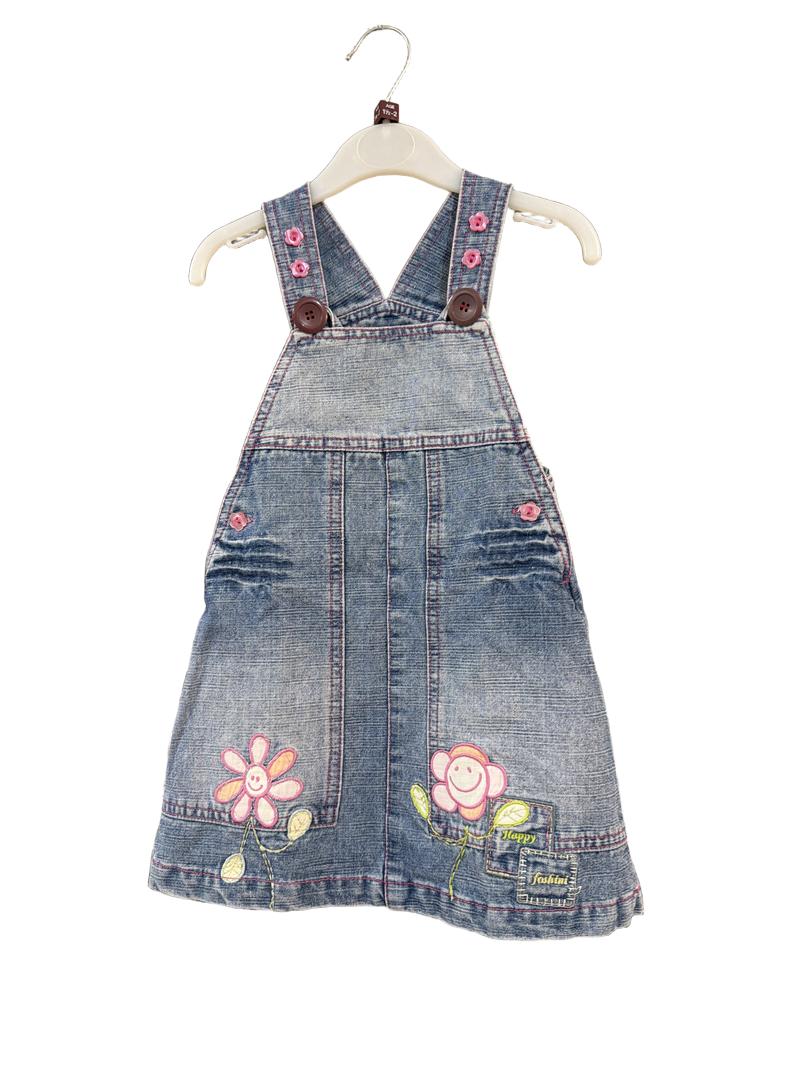 Preloved Unknown Brand - Blue Denim Pinafore With Flower Appliques, 86-92 Cm (18-24m)