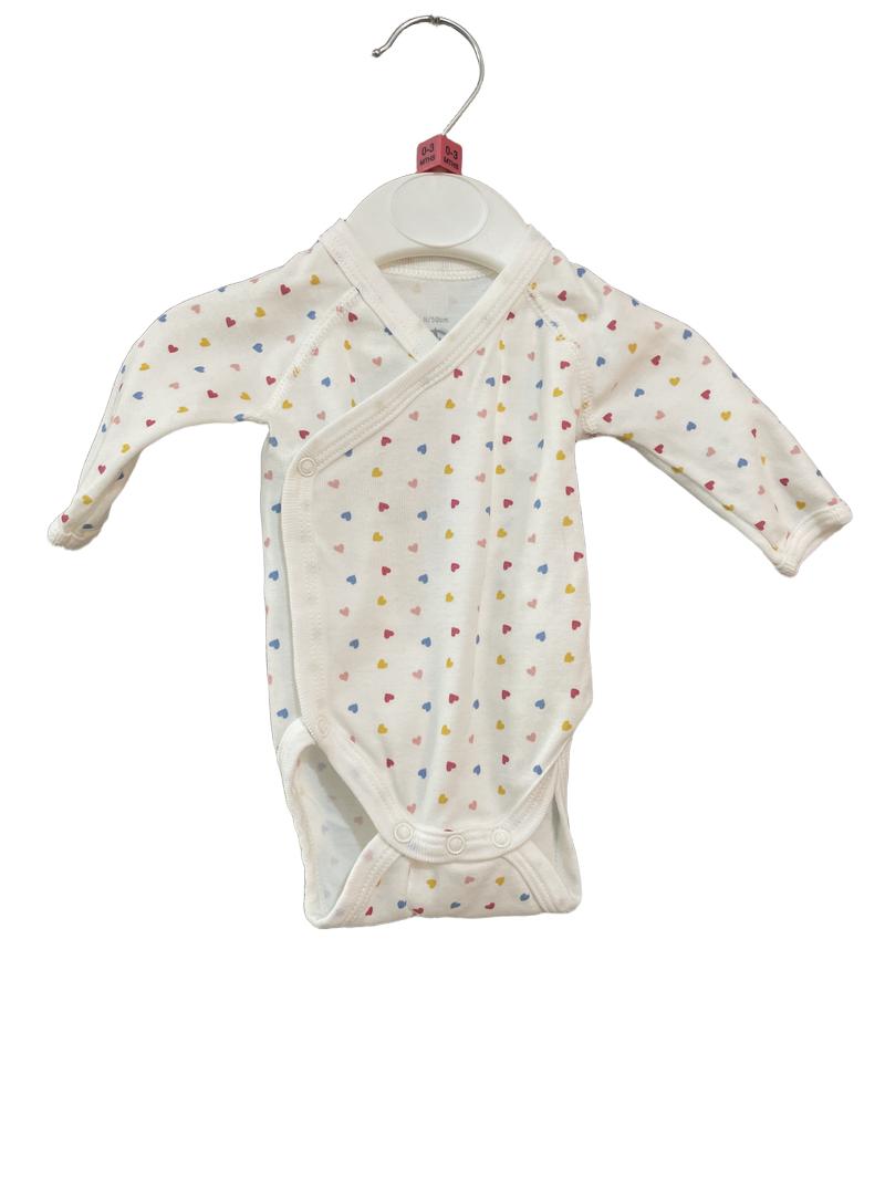Preloved Petit Bateau - White Heart Print Long Sleeve Onesie (0-3m)