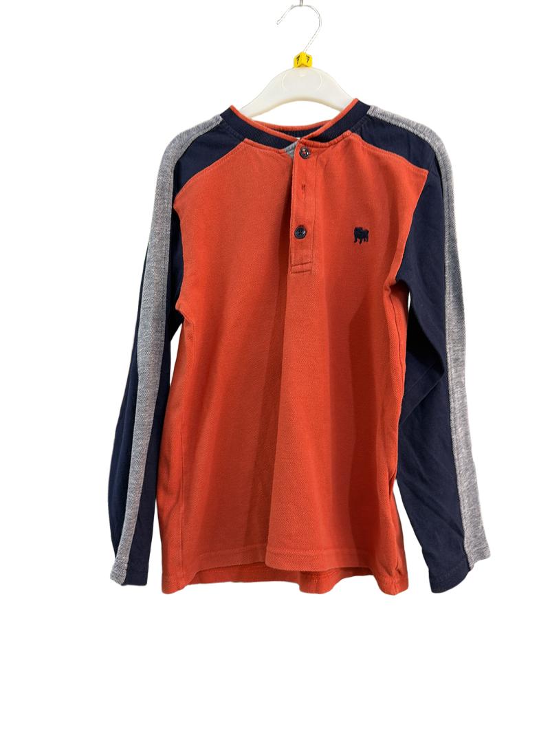 Preloved Jasper Conran - Orange Navy White Long-sleeved Half-button Shirt (7-8y)