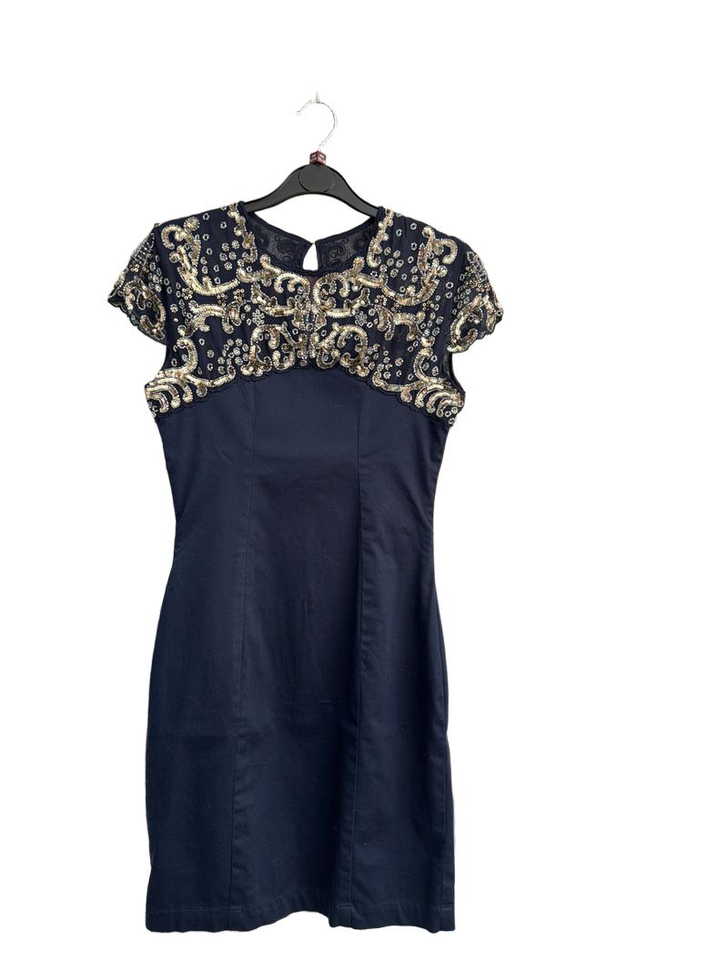 Preloved French Connection - Navy Cotton Dress With Sequin And Beaded Top, Size 6 UK (13-14y)