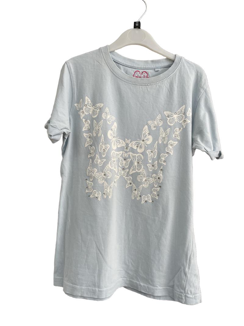 Preloved Love Me - Light Blue Butterfly Rhinestone Short-sleeved Shirt (11-12y)