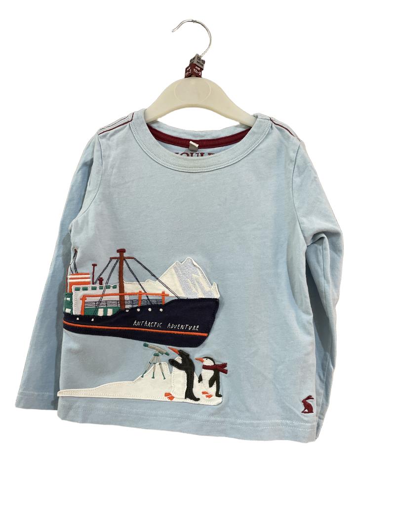 Preloved Joules - Blue Penguin Boat Applique Long-sleeved T Shirt (12-18m, 18-24m)
