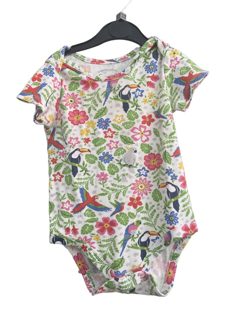 Preloved Frugi - White Floral Tropical Birds Bodysuit (12-18m)