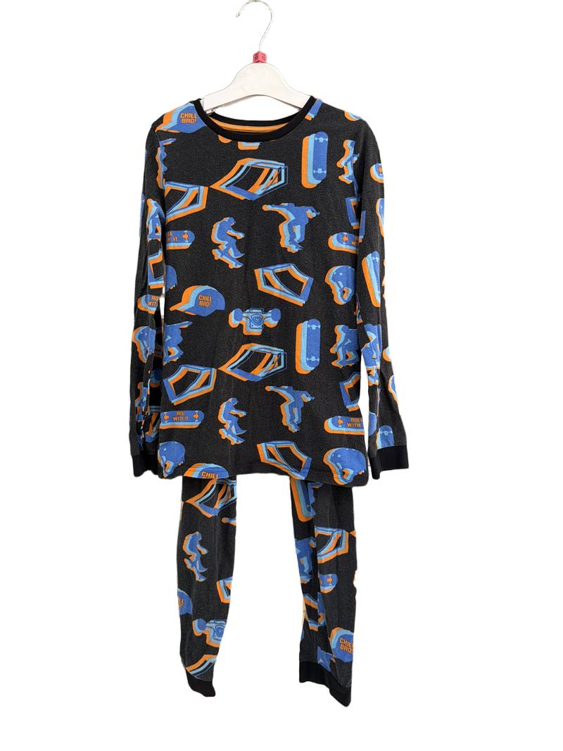 Preloved Marks & Spencer - Black Blue Orange Skateboard Long-sleeved Pyjama Set (10-11y)