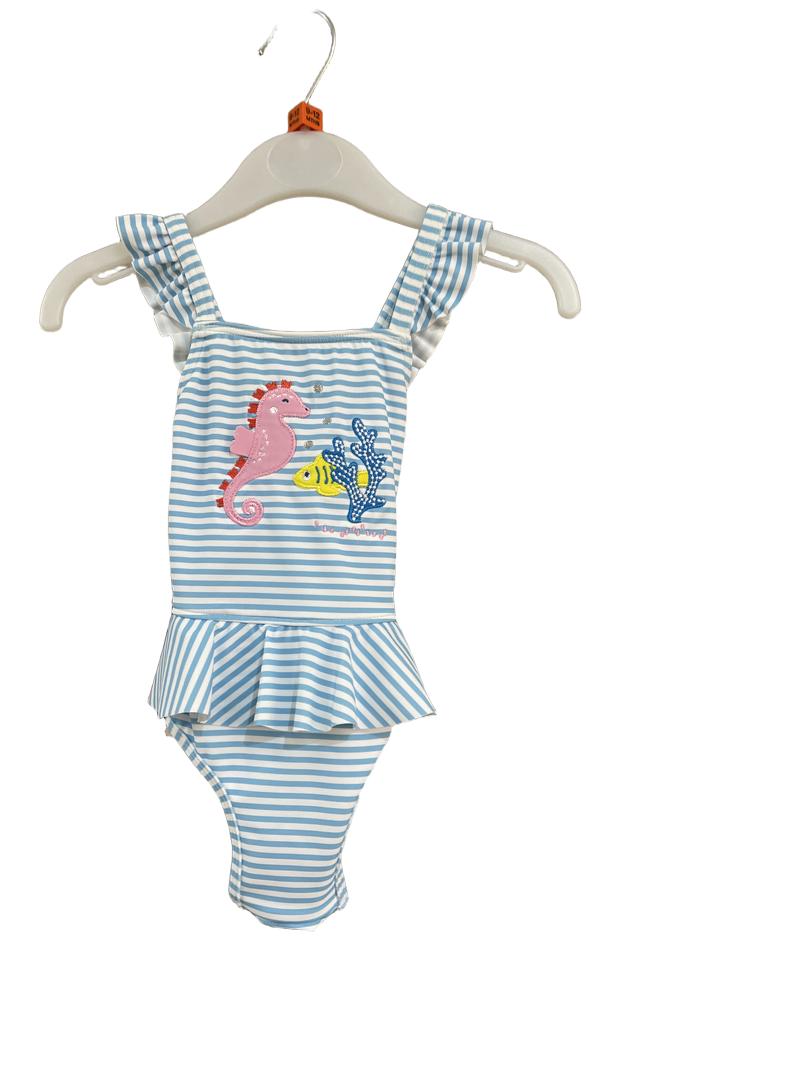 Preloved John Lewis - Blue White Stripe Seahorse Girl Swimsuit (9-12m)