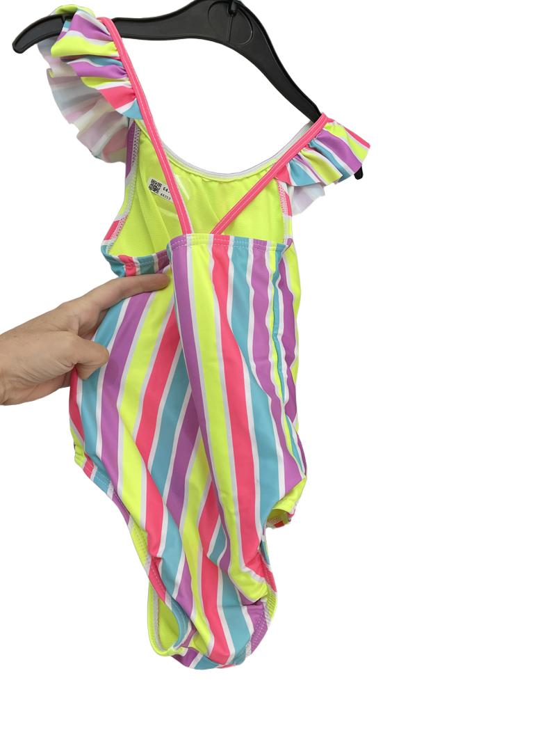 Preloved BluKids - Neon Striped Girls Ruffle Swimsuit (5-6y)