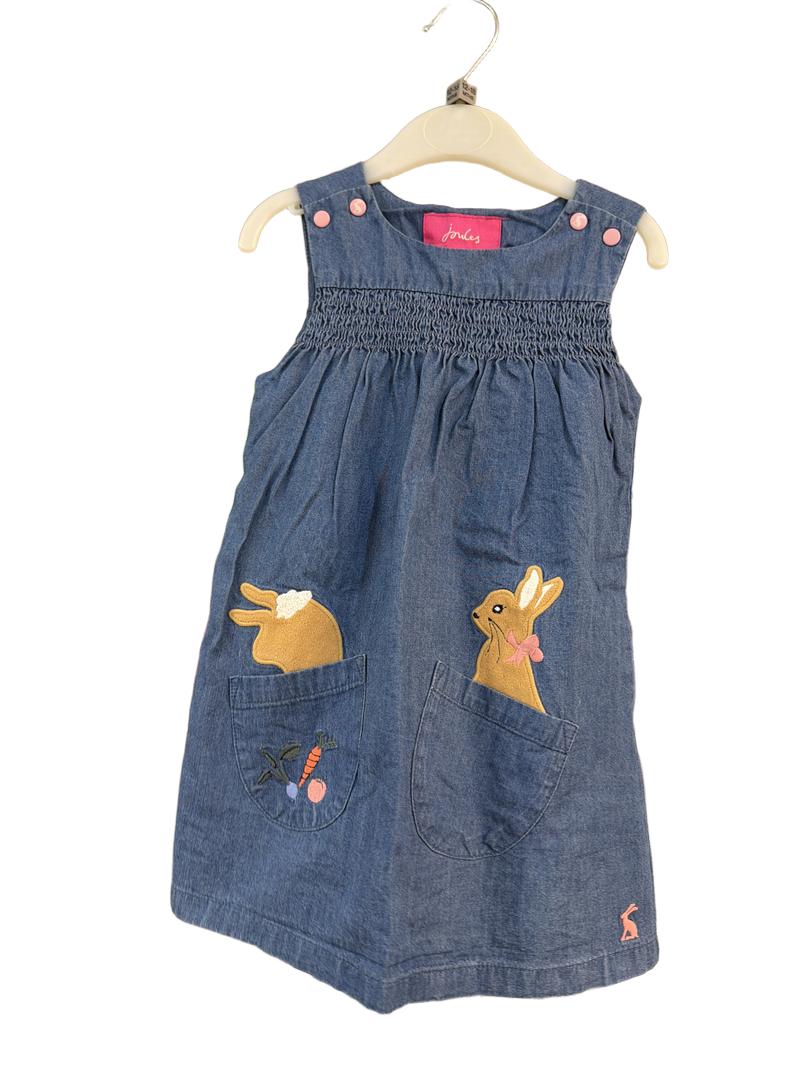 Preloved Joules - Denim Rabbit Applique Smocked Pinafore (12-18m)