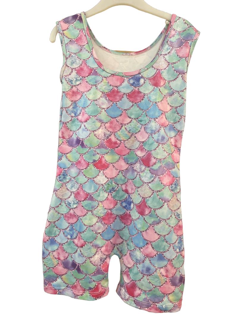 Preloved Bezioner - Pastel Sparkle Scale Shorts Leotard, Size 120 (7-8y, 8-9y)