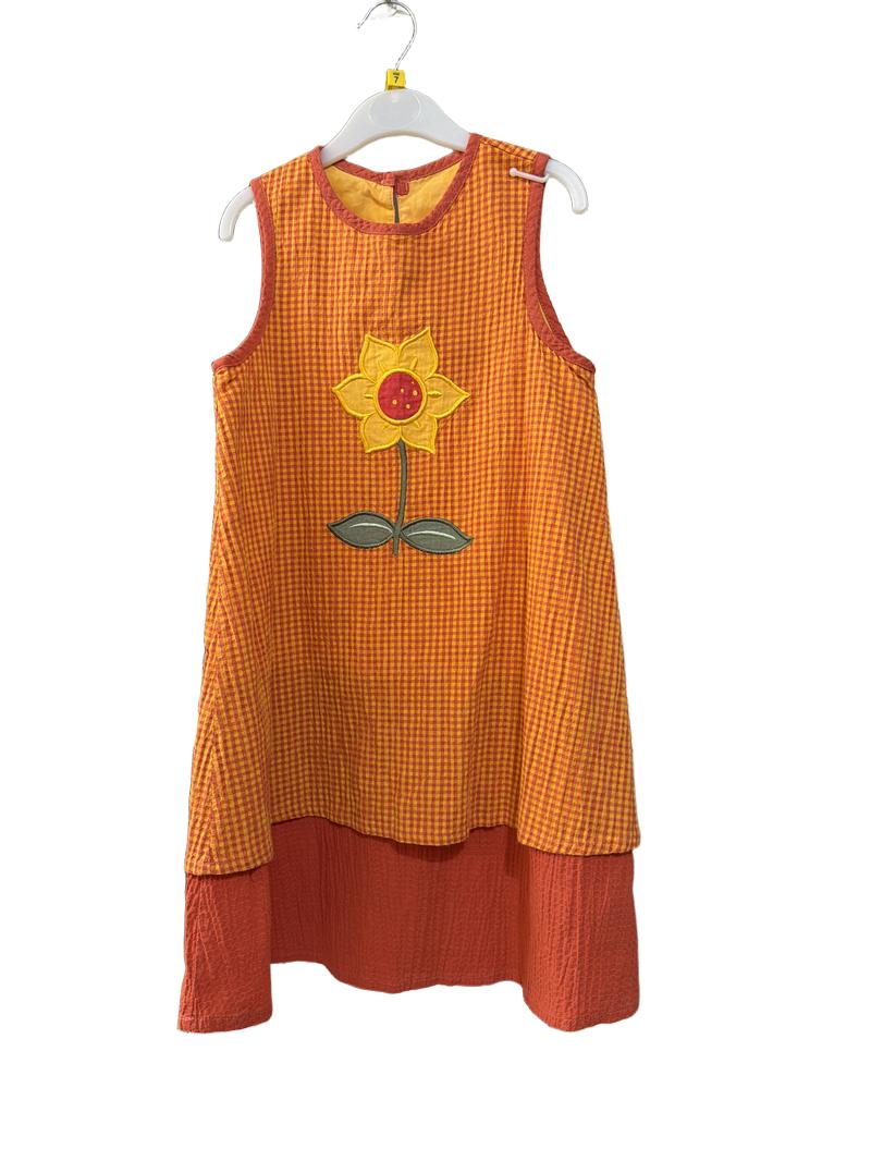 Preloved Marks & Spencer - Orange Red Gingham Flower Sleeveless Dress (7-8y)